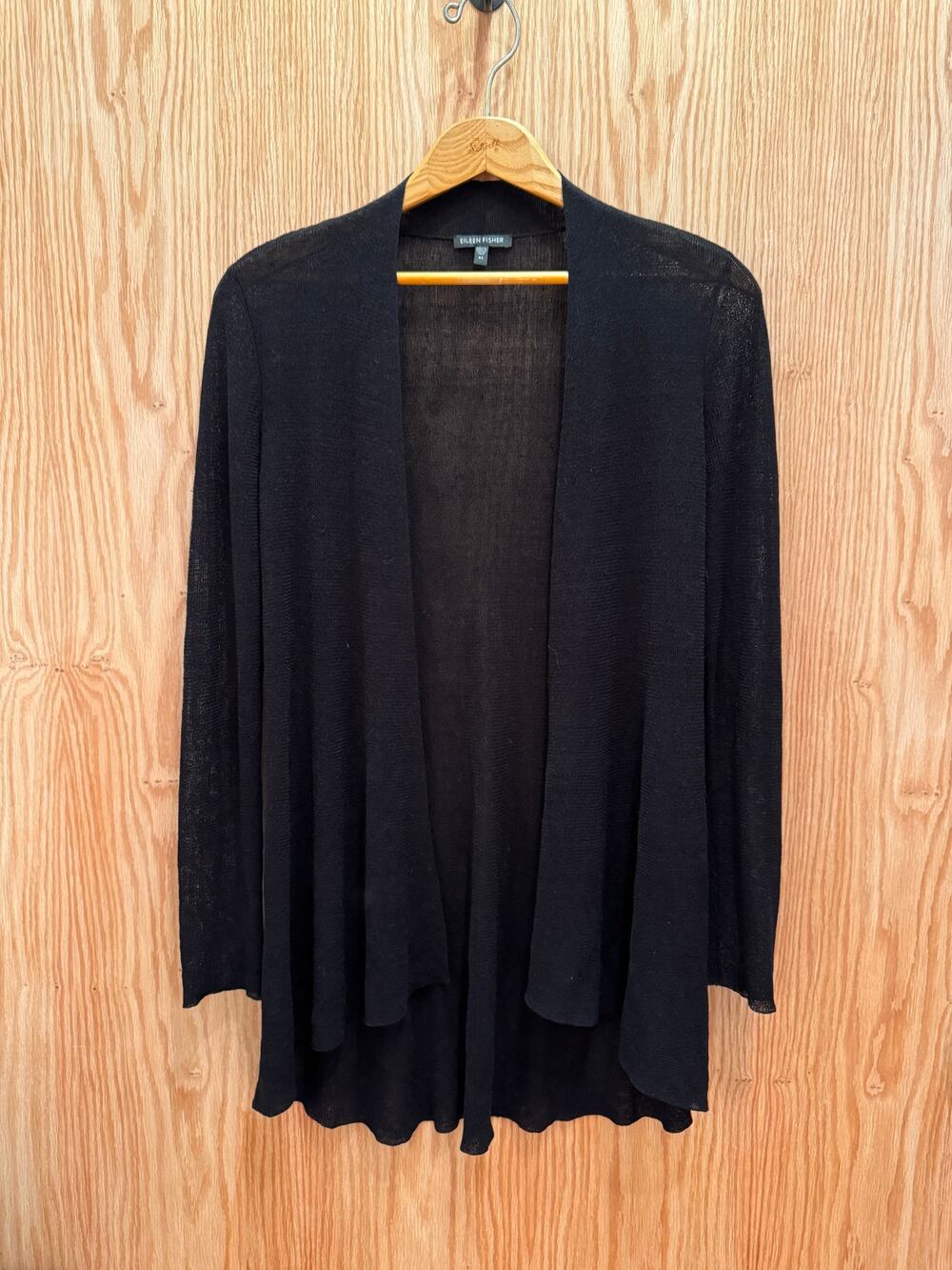 Eileen Fisher Long Open front Sweater Linen Blend XS Black Sheer Crepe